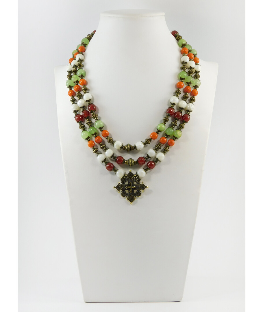 Exclusive necklace "Hutsul Motifs" Coral, Onyx, Carnelian, Mother of Pearl, 3 rows