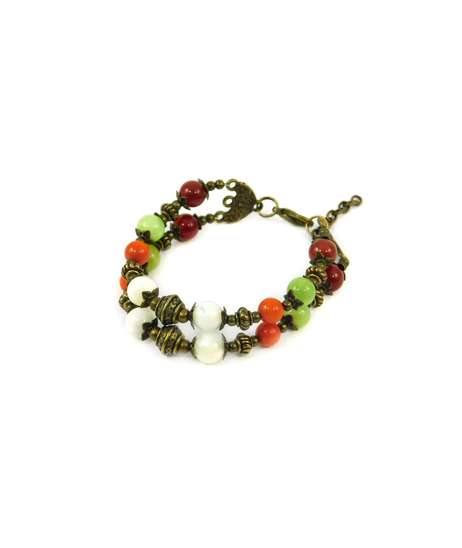 Exclusive bracelet "Hutsul motifs" Coral, Onyx, Carnelian, Mother of pearl, 2 rows