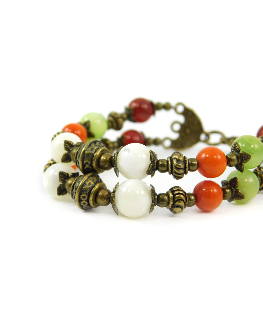 Exclusive bracelet "Hutsul motifs" Coral, Onyx, Carnelian, Mother of pearl, 2 rows