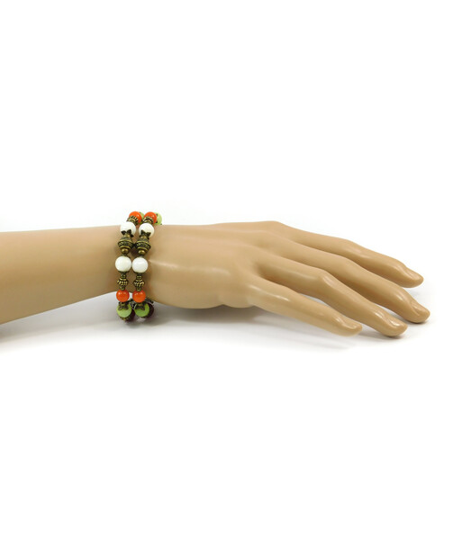 Exclusive bracelet "Hutsul motifs" Coral, Onyx, Carnelian, Mother of pearl, 2 rows