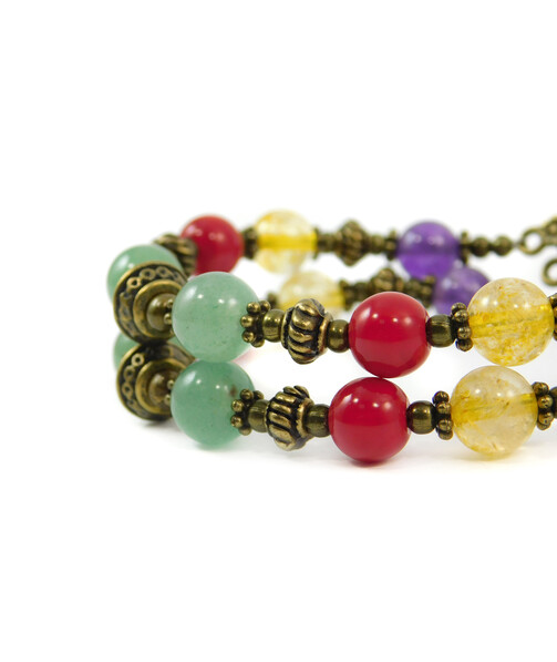 Exclusive bracelet "Hutsul motifs" Jade, Amethyst, Citrine, Coral, 2 rows