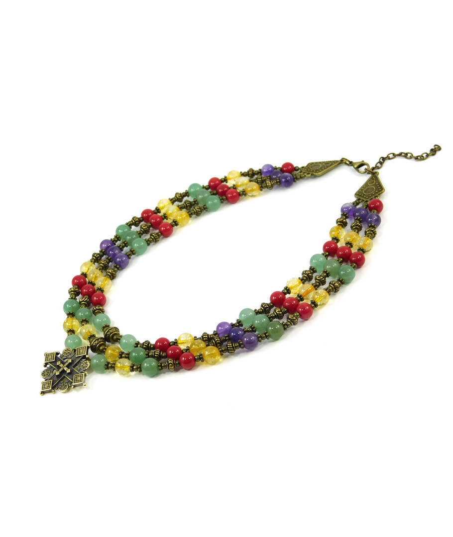 Exclusive necklace "Hutsul motifs" Jade, Amethyst, Citrine, Coral, 3 rows