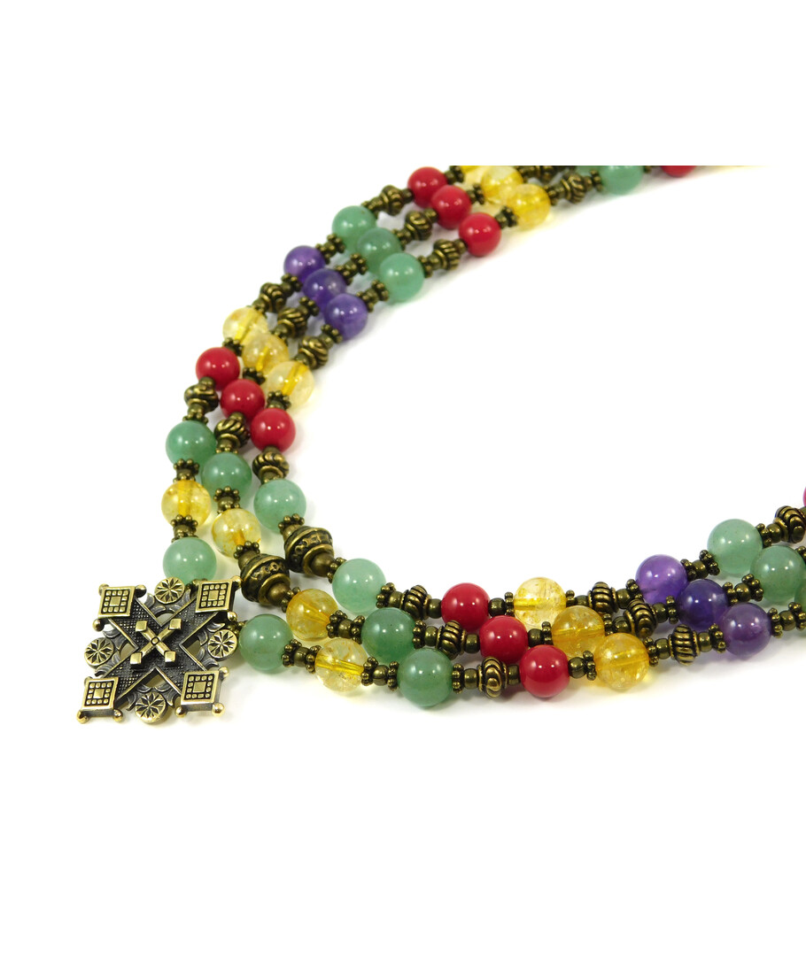 Exclusive necklace "Hutsul motifs" Jade, Amethyst, Citrine, Coral, 3 rows