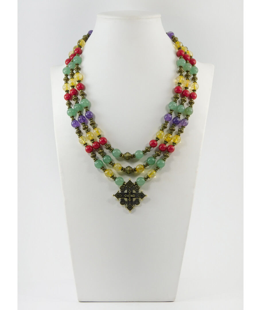 Exclusive necklace "Hutsul motifs" Jade, Amethyst, Citrine, Coral, 3 rows