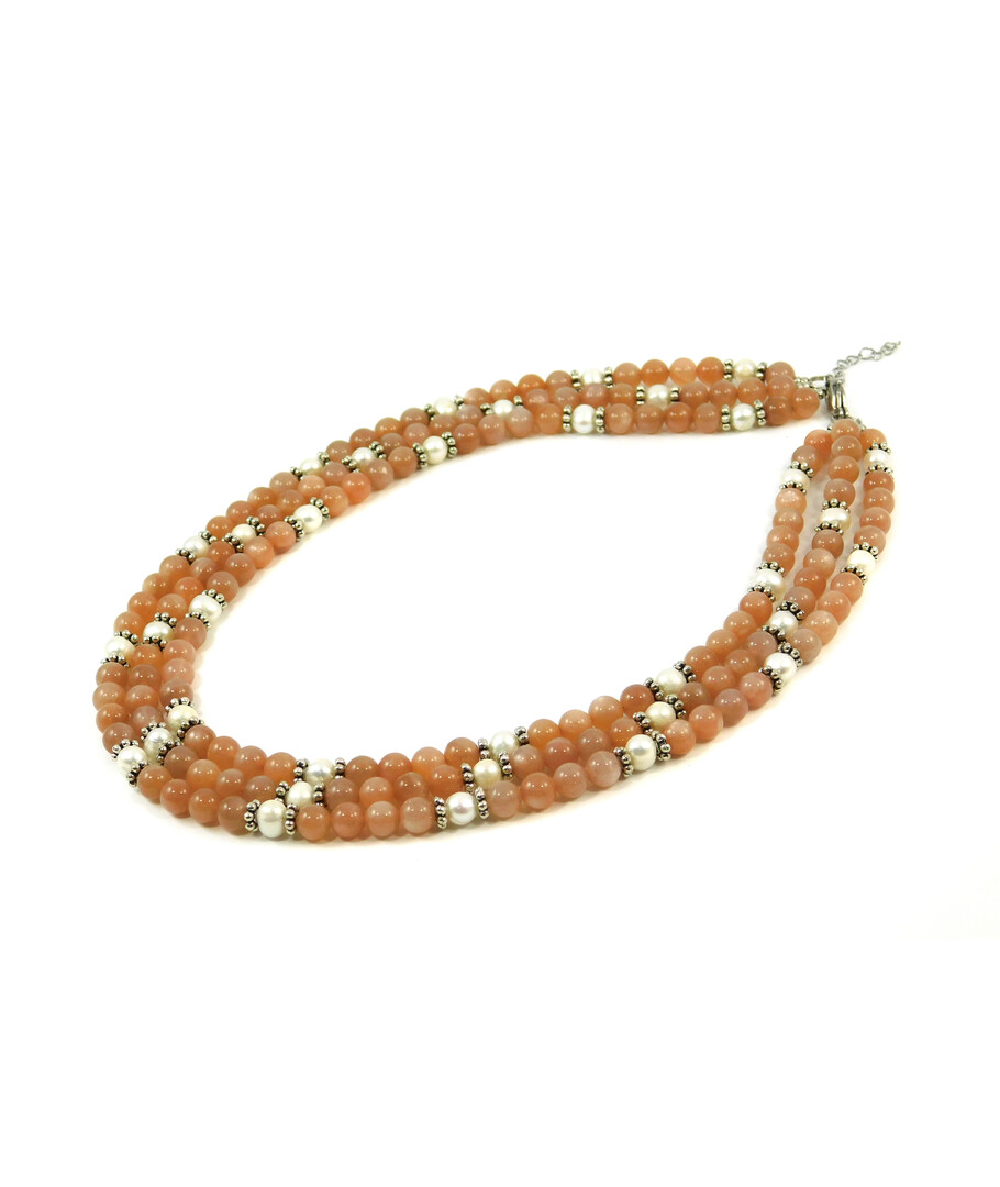 Exclusive necklace "Aurika" Sunstone, Pearls, 3 rows