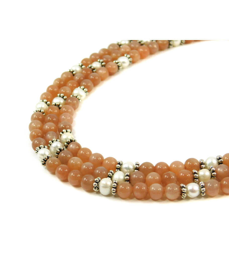 Exclusive necklace "Aurika" Sunstone, Pearls, 3 rows