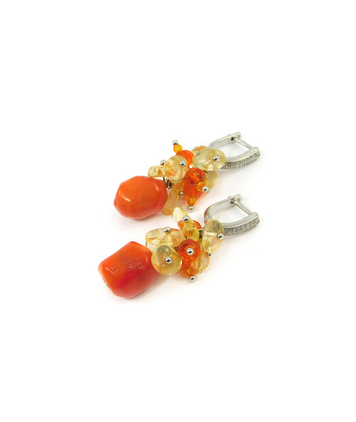 Exclusive earrings "Panyanochka" Coral galtovka, Citrine crumb