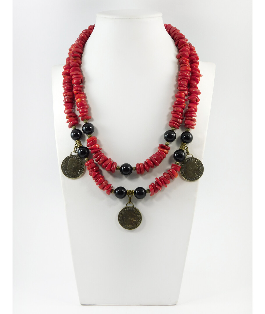 Exclusive necklace "Theodora" Agate, Coral, 2 rows