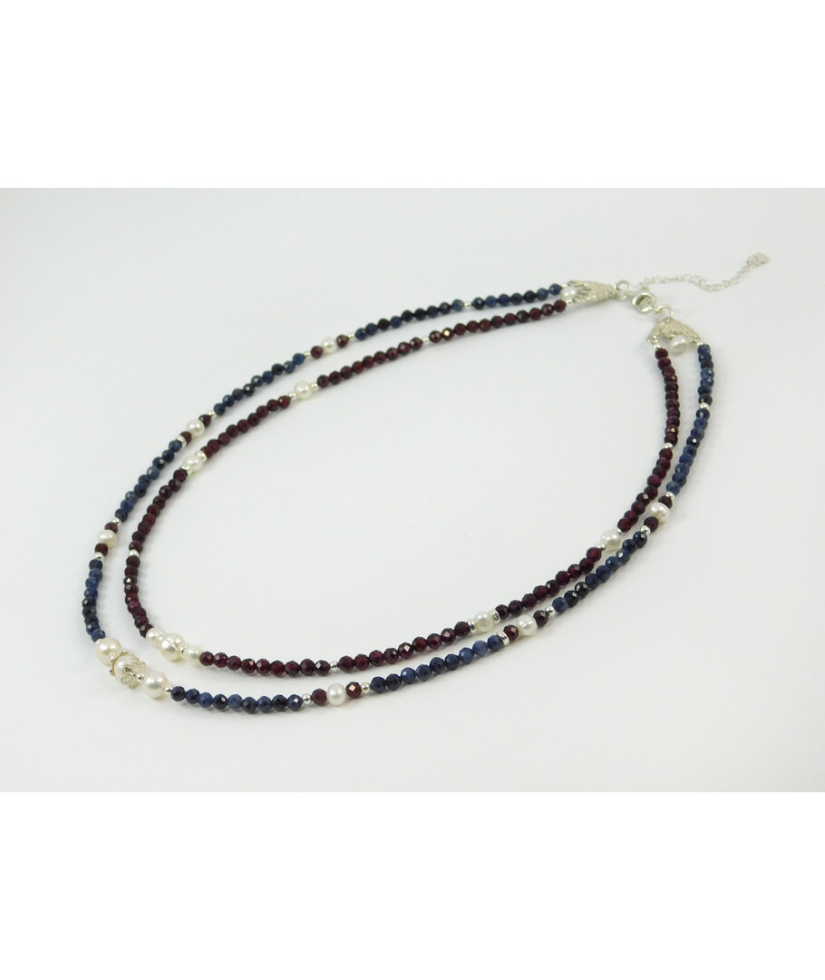 Exclusive necklace "Janezia" Sapphire, faceted Garnet, Pearls, 2 rows, silver