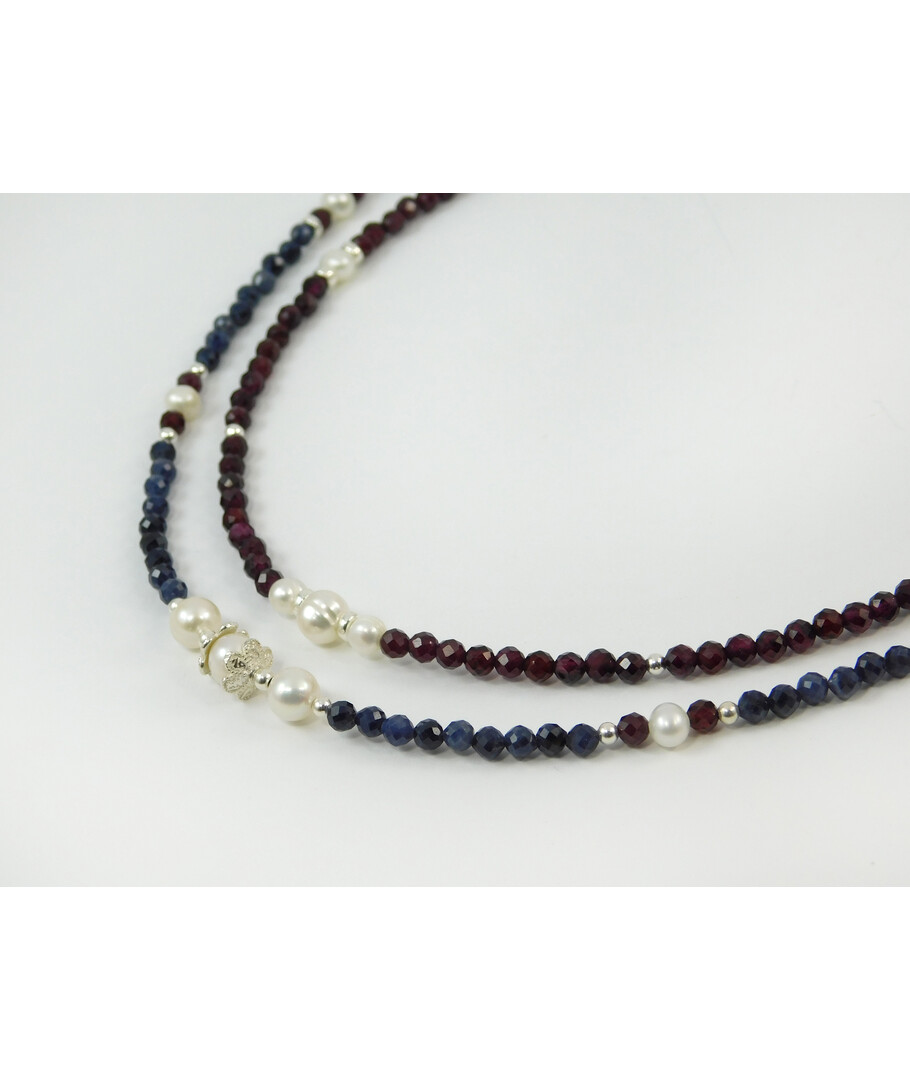 Exclusive necklace "Janezia" Sapphire, faceted Garnet, Pearls, 2 rows, silver