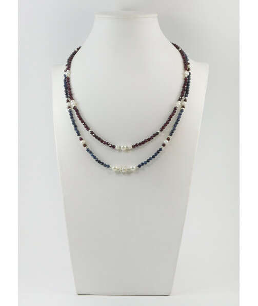 Exclusive necklace "Janezia" Sapphire, faceted Garnet, Pearls, 2 rows, silver