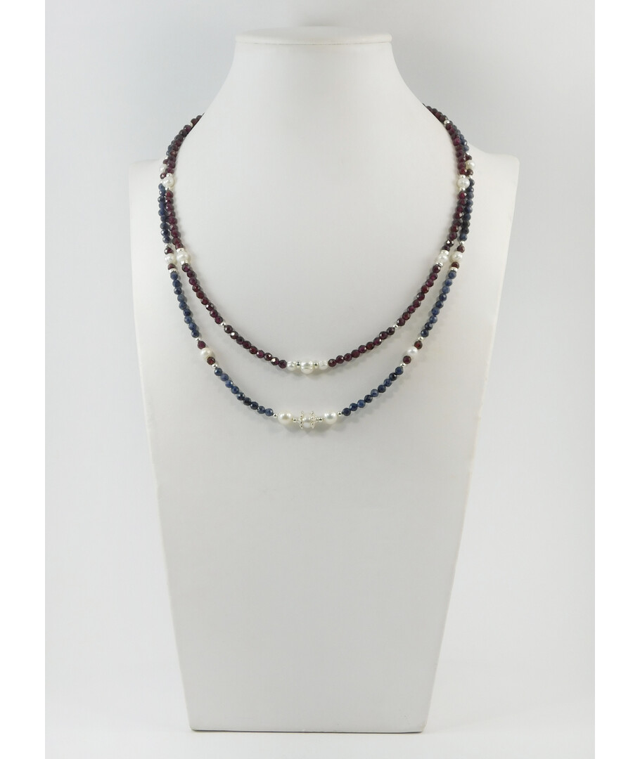 Exclusive necklace "Janezia" Sapphire, faceted Garnet, Pearls, 2 rows, silver