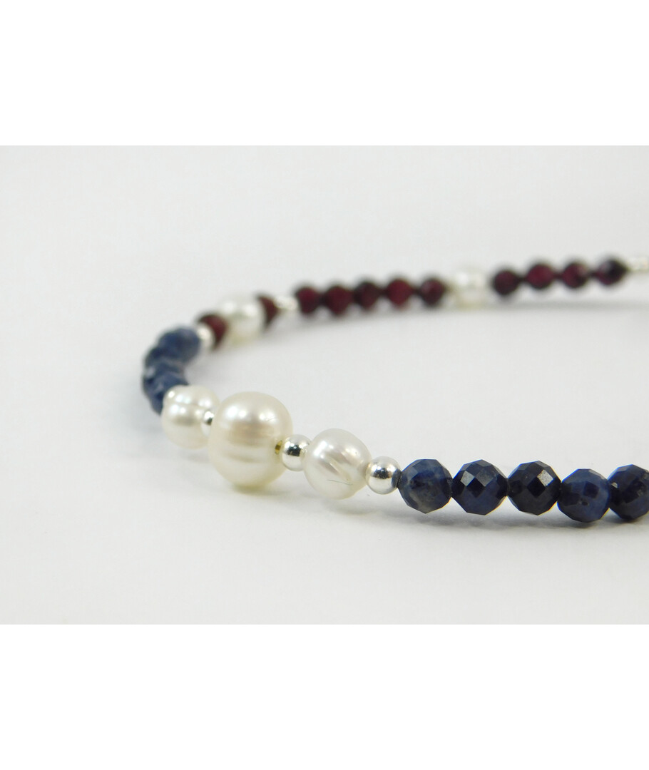 Exclusive bracelet "Janezia" Sapphire, faceted Garnet, Pearls, silver