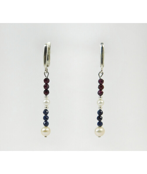 Exclusive earrings "Janezia" Sapphire, Garnet facet, Pearl, silver