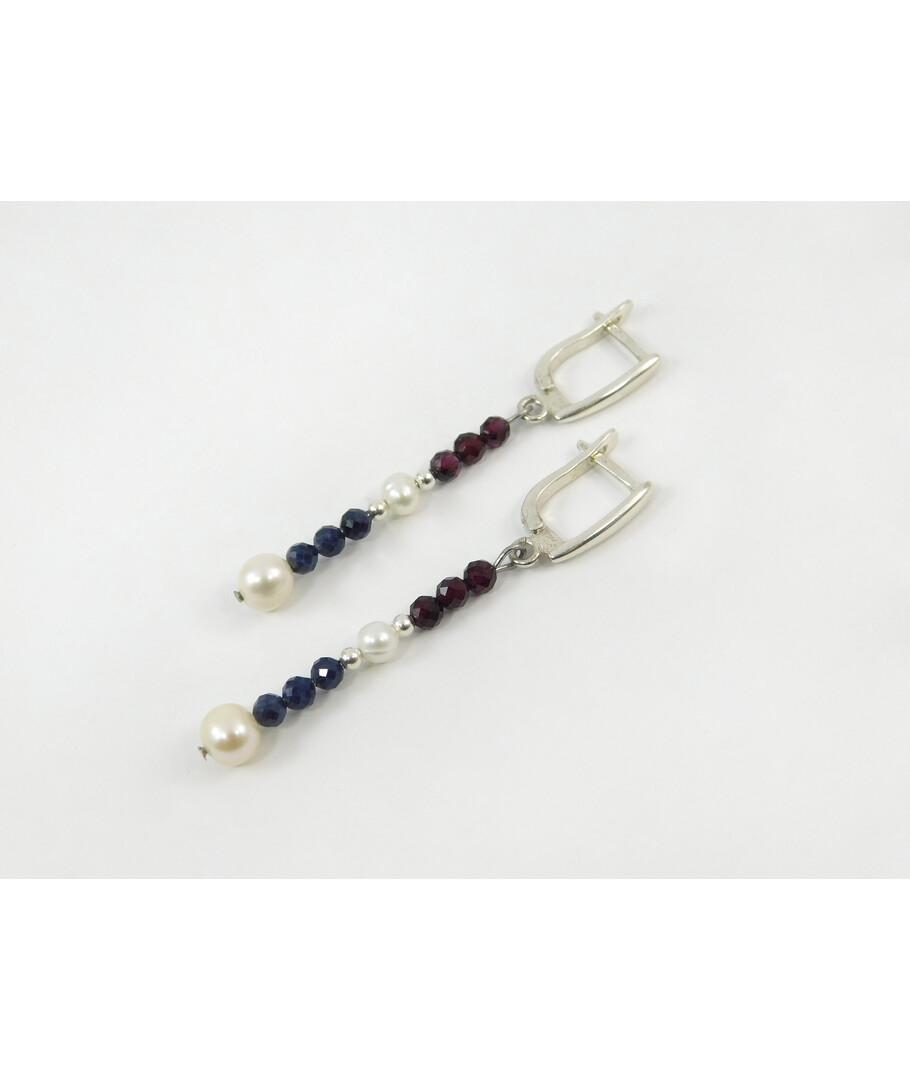 Exclusive earrings "Janezia" Sapphire, Garnet facet, Pearl, silver