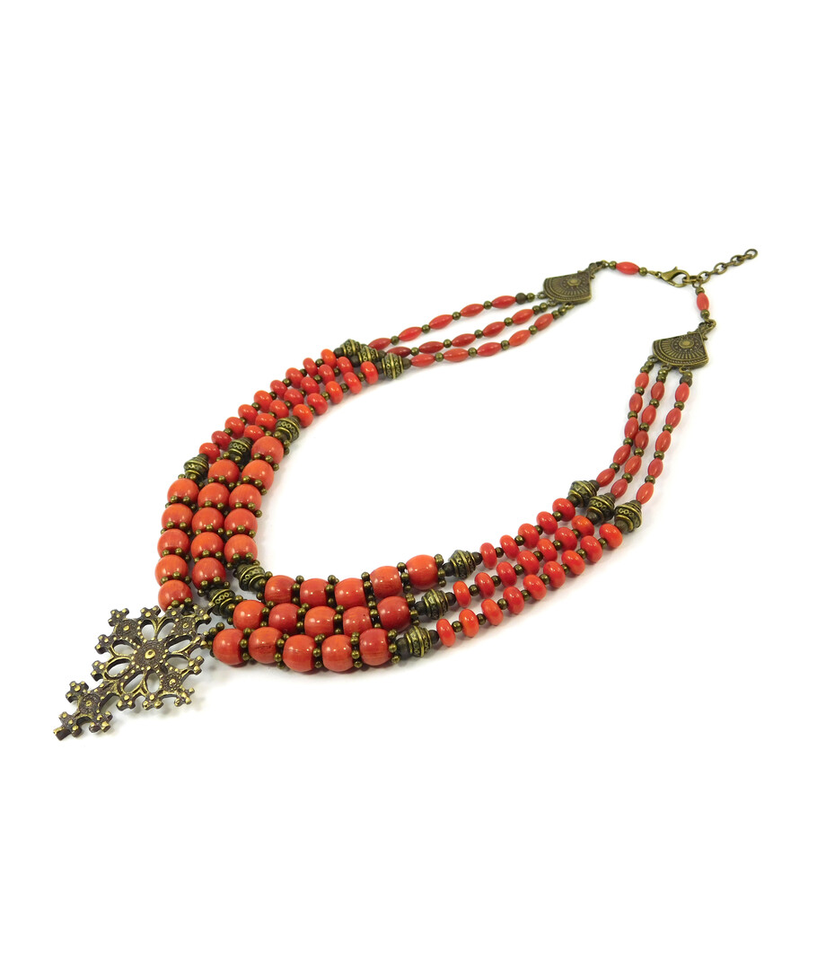 Exclusive necklace "Stanislava" Coral barrel, rondel, rice, 3 rows