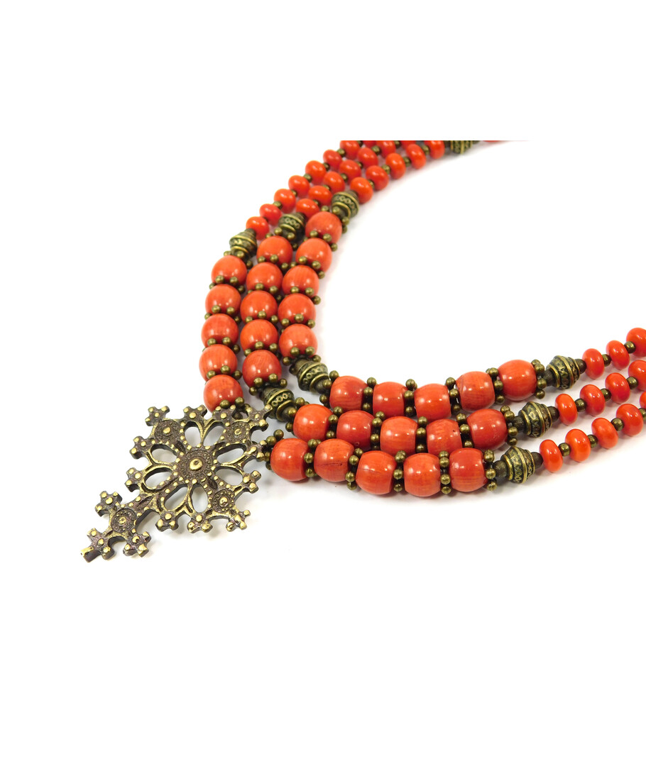 Exclusive necklace "Stanislava" Coral barrel, rondel, rice, 3 rows