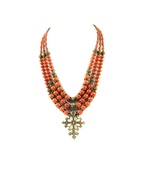 Exclusive necklace "Stanislava" Coral barrel, rondel, rice, 3 rows