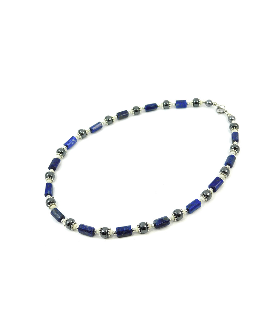 Exclusive necklace "Neptune" lapis lazuli barrel, hematite, puck, coral white rondel