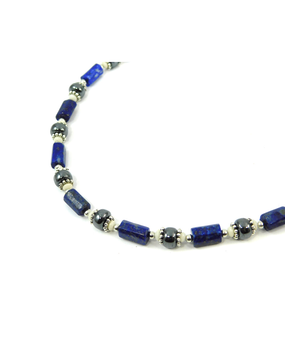 Exclusive necklace "Neptune" lapis lazuli barrel, hematite, puck, coral white rondel