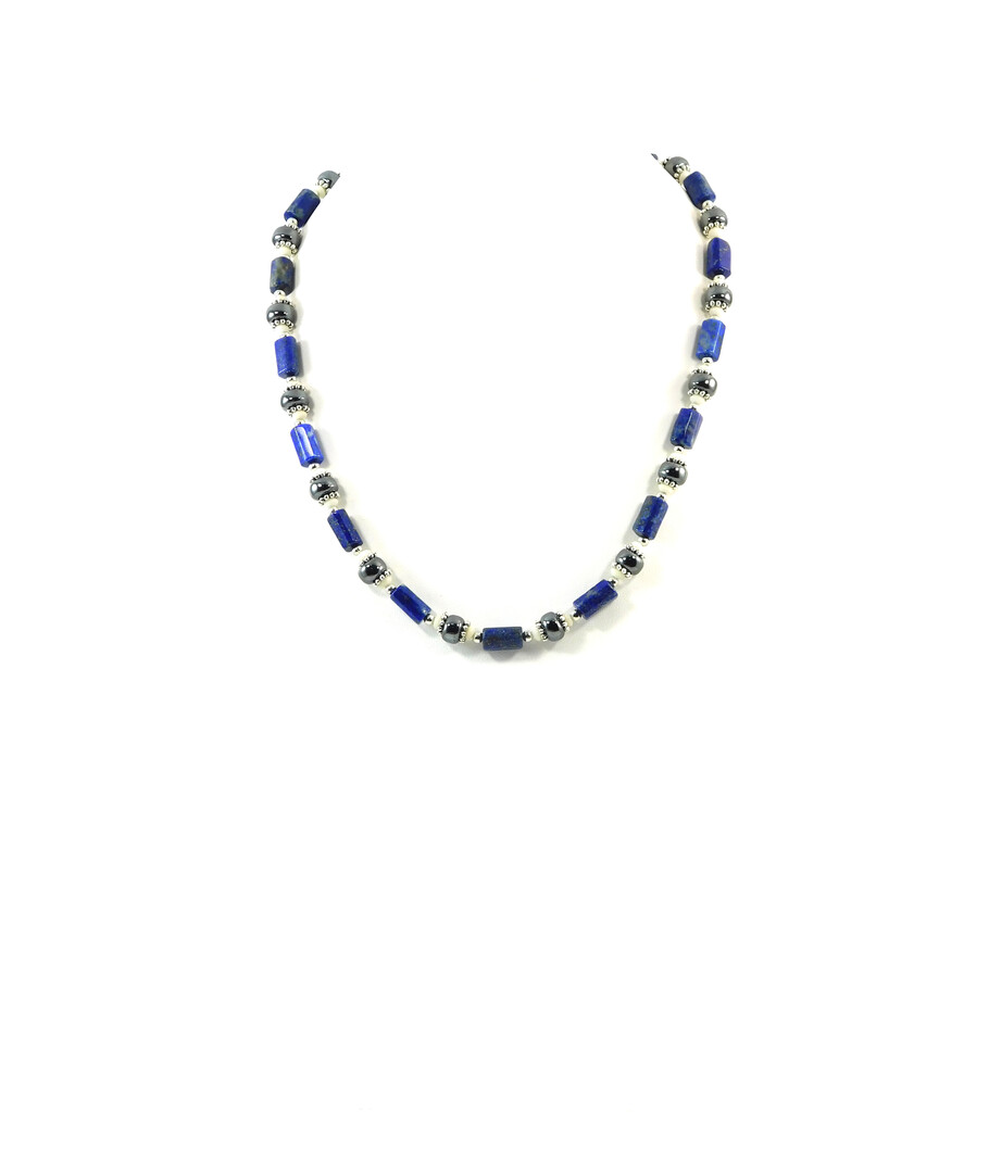 Exclusive necklace "Neptune" lapis lazuli barrel, hematite, puck, coral white rondel