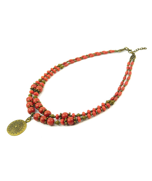 Exclusive necklace "Zira" Coral, rondel, rice, 2 rows