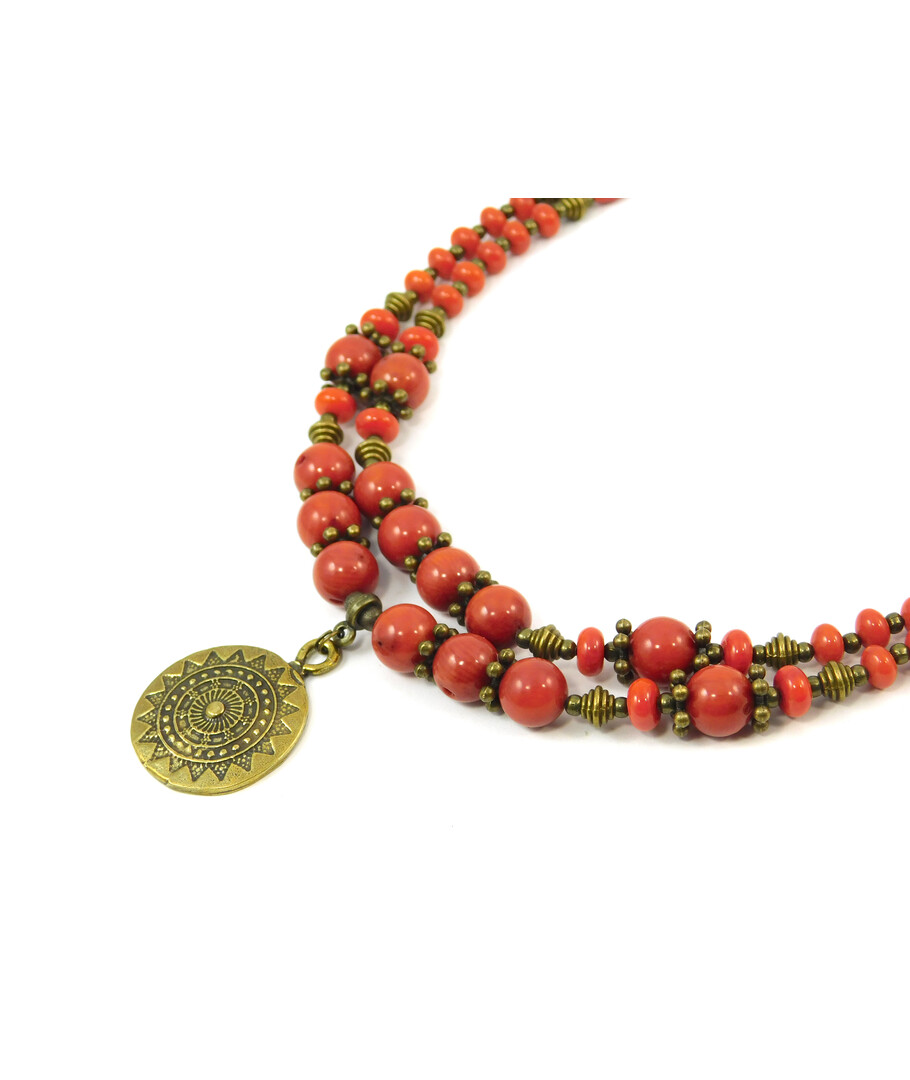 Exclusive necklace "Zira" Coral, rondel, rice, 2 rows