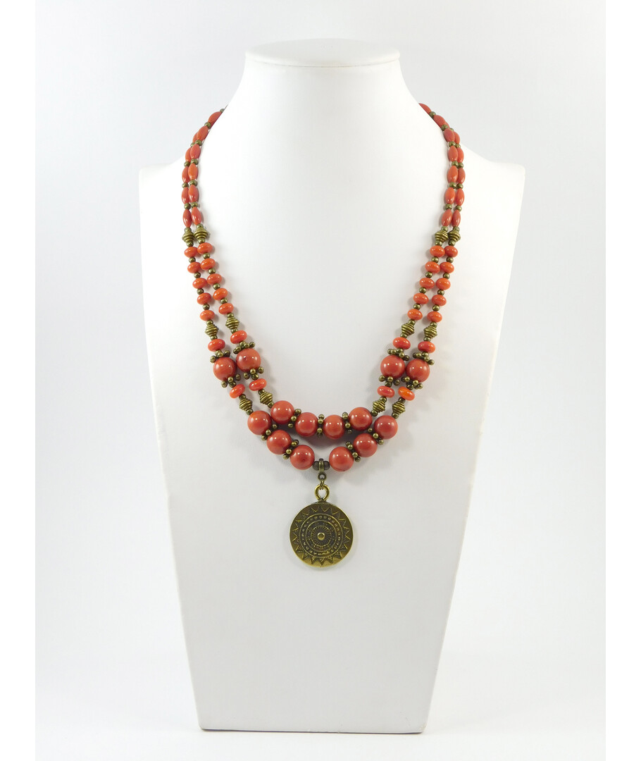 Exclusive necklace "Zira" Coral, rondel, rice, 2 rows