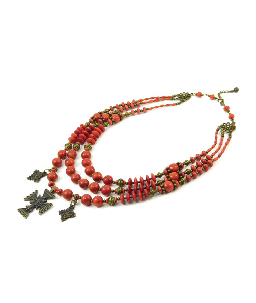 Exclusive necklace "Nila" Coral, rondel, rice, 3 rows