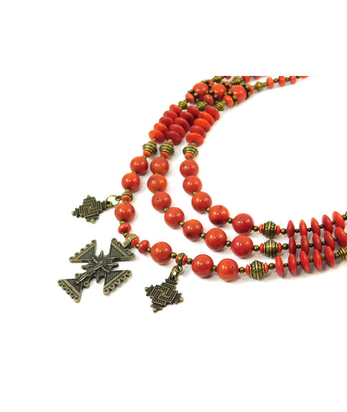 Exclusive necklace "Nila" Coral, rondel, rice, 3 rows