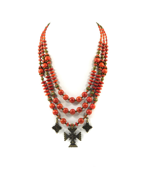 Exclusive necklace "Nila" Coral, rondel, rice, 3 rows