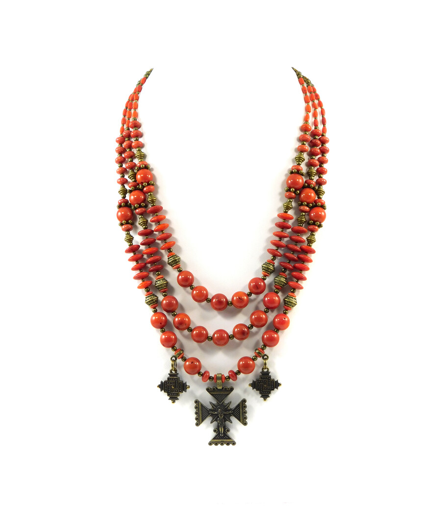 Exclusive necklace "Nila" Coral, rondel, rice, 3 rows