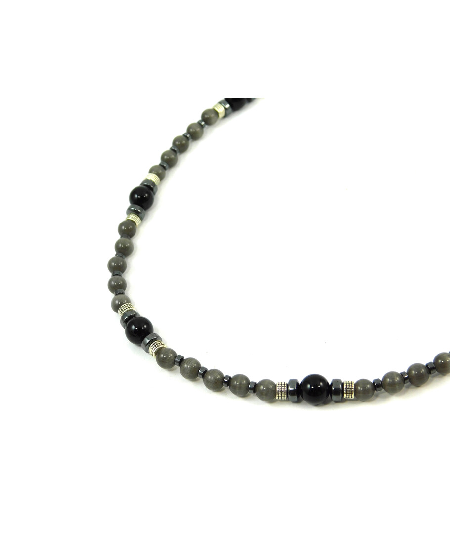 Exclusive necklace "Perseus" Agate, Hematite puck, Cat's eye