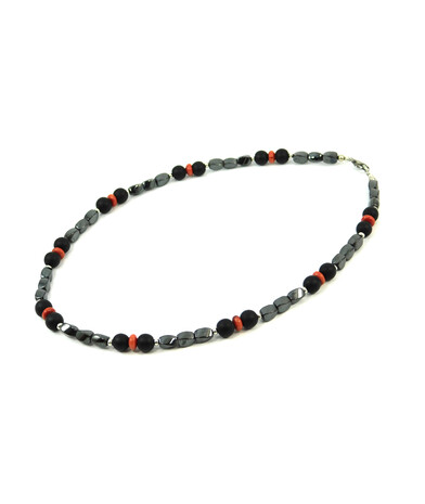 Exclusive necklace "Lava" Shungite, Hematite barrel, Coral rondel