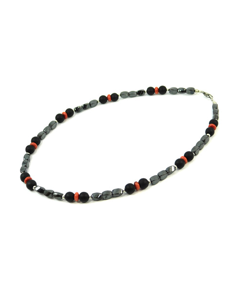 Exclusive necklace "Lava" Shungite, Hematite barrel, Coral rondel