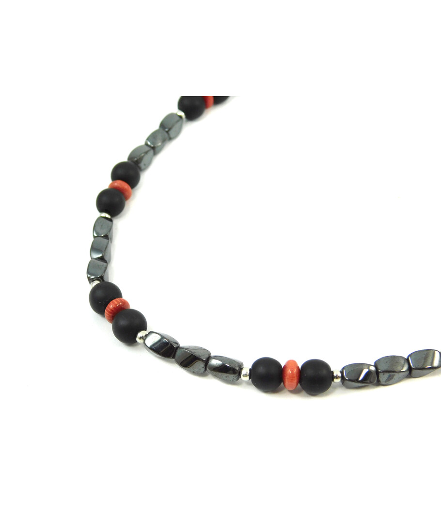 Exclusive necklace "Lava" Shungite, Hematite barrel, Coral rondel