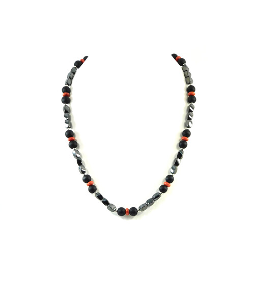 Exclusive necklace "Lava" Shungite, Hematite barrel, Coral rondel