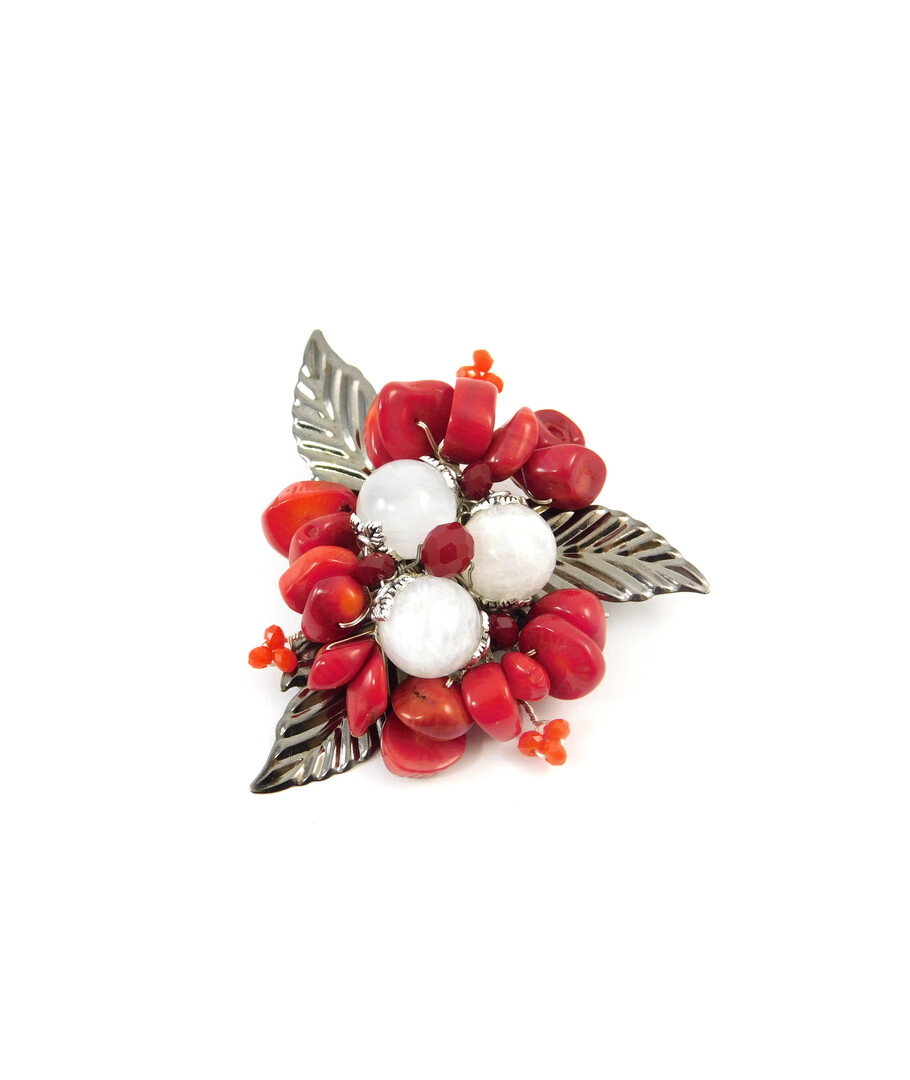 Exclusive brooch "Forest berry" Adular, Coral crumb