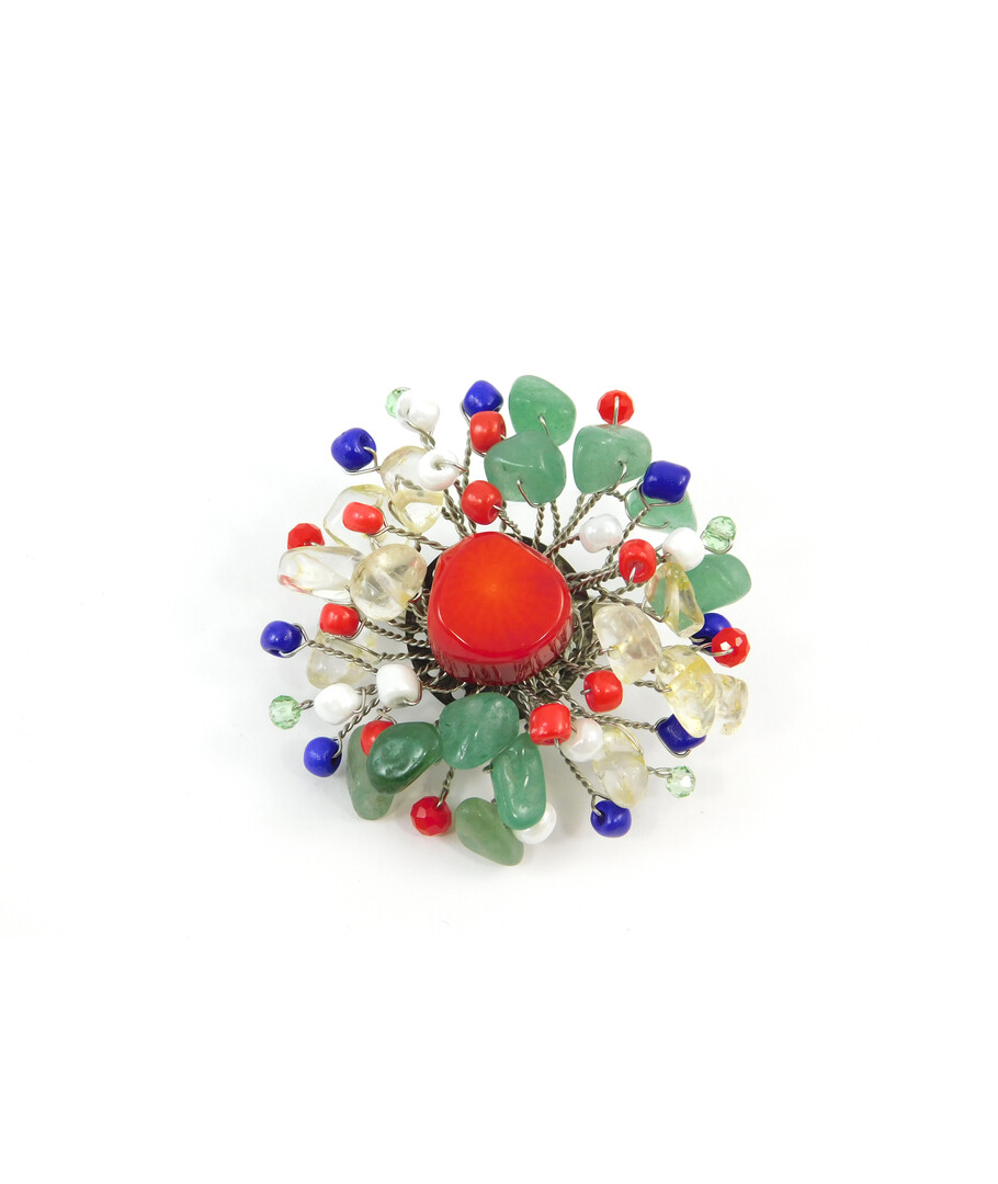 Exclusive "Vysyvanka" brooch Coral, Citrine, Jade crumb