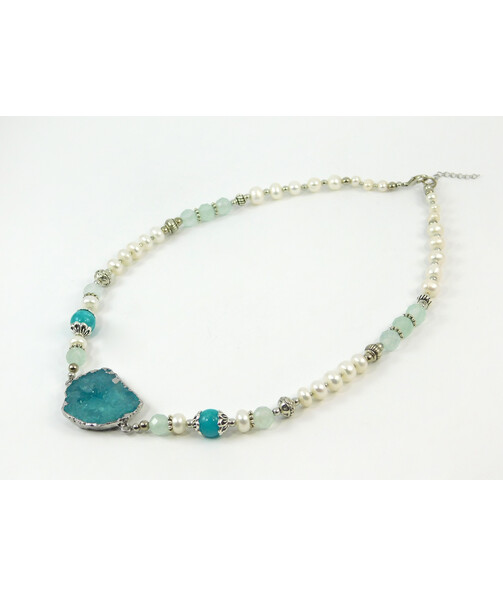 Exclusive necklace "Aqua" Aquamarine, Quartz facet, Rondel pearls