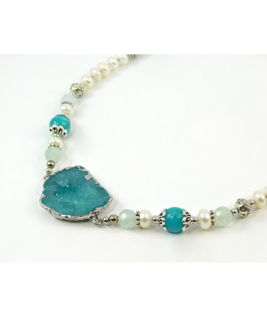 Exclusive necklace "Aqua" Aquamarine, Quartz facet, Rondel pearls