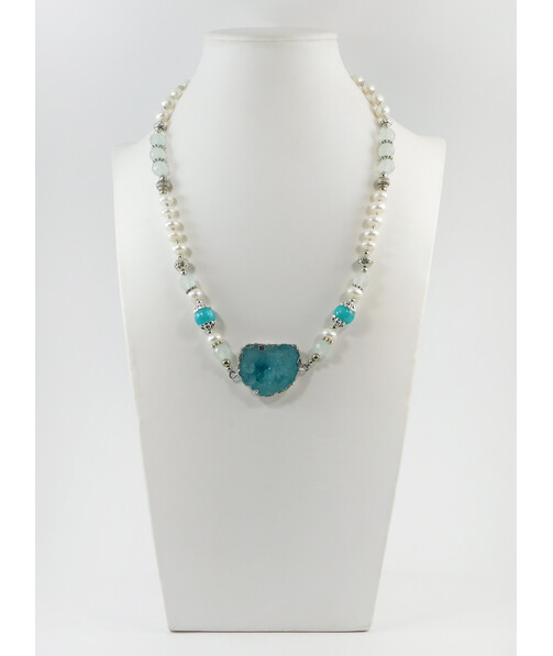 Exclusive necklace "Aqua" Aquamarine, Quartz facet, Rondel pearls