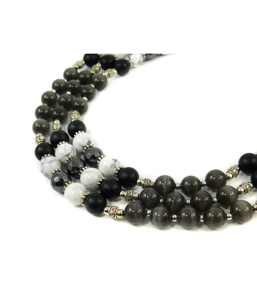 Exclusive necklace "Lin" Kahalong, Shungite, Cat's eye, Hematite facet, 3 rows