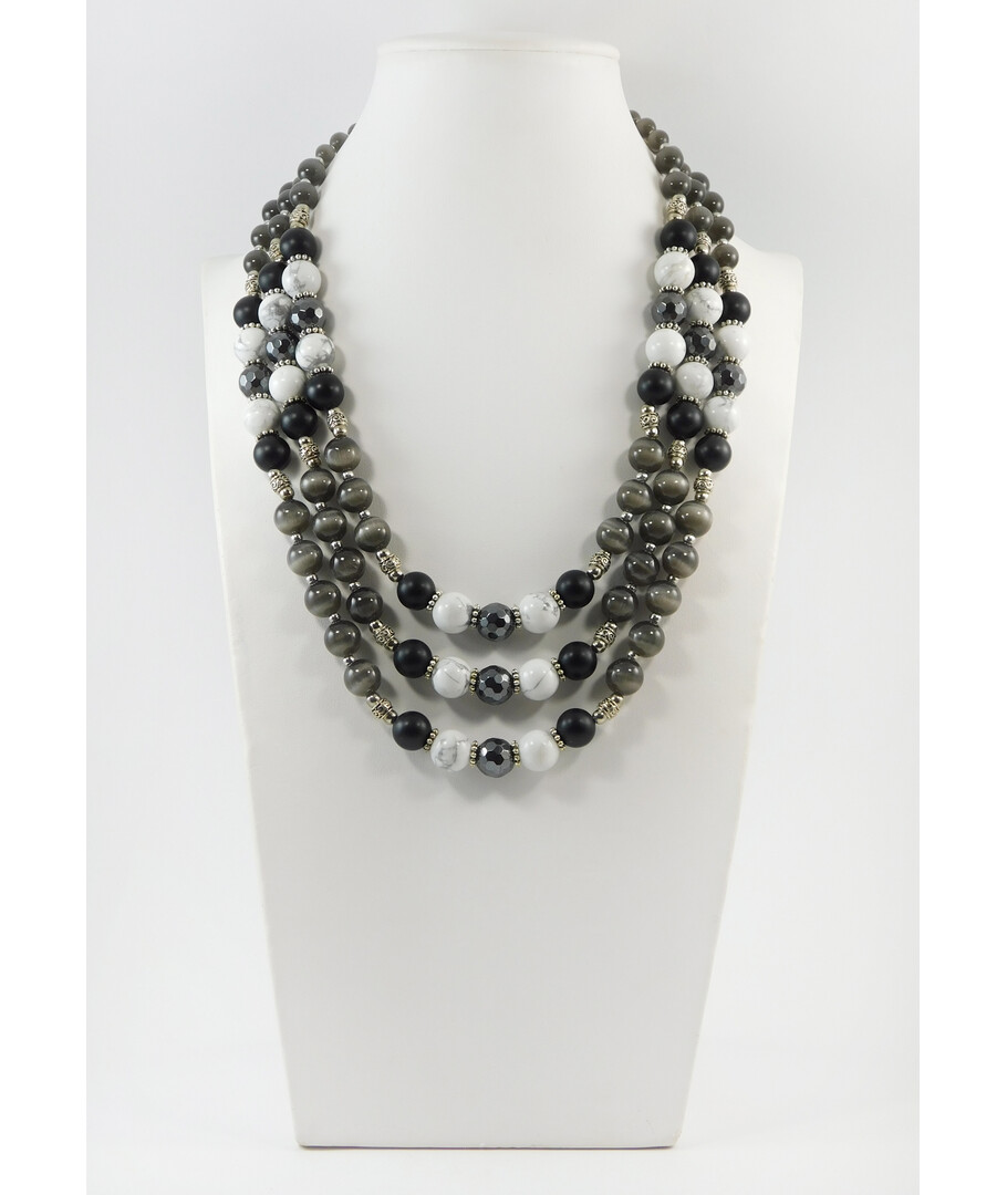 Exclusive necklace "Lin" Kahalong, Shungite, Cat's eye, Hematite facet, 3 rows