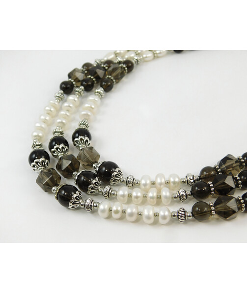 Exclusive necklace "Antoinette" Topaz, Rondel pearls, rice, 3 rows