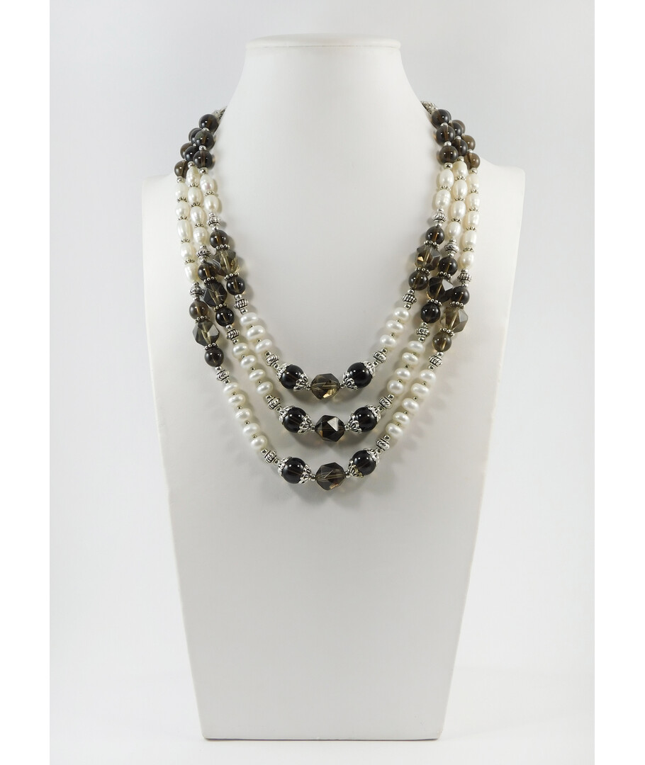 Exclusive necklace "Antoinette" Topaz, Rondel pearls, rice, 3 rows