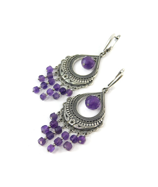 Exclusive earrings "Carmelita" Amethyst facet, cube facet, silver