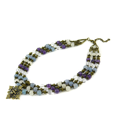 Exclusive necklace "Hutsul motifs" Amethyst, Aquamarine, Rose quartz, Rock crystal, 3 rows