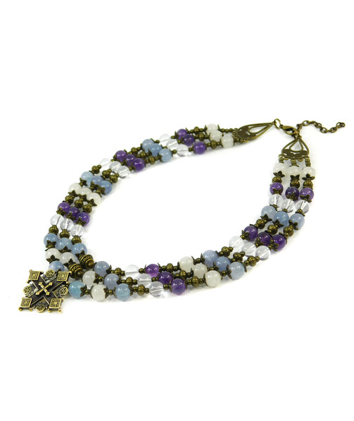 Exclusive necklace "Hutsul motifs" Amethyst, Aquamarine, Rose quartz, Rock crystal, 3 rows