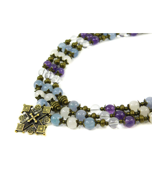 Exclusive necklace "Hutsul motifs" Amethyst, Aquamarine, Rose quartz, Rock crystal, 3 rows